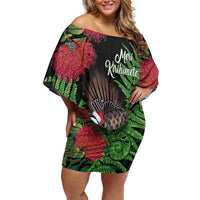 Meri Kirihimete New Zealand Off Shoulder Short Dress Piwakawaka Koru Fern Mix Pohutukawa LT14 Women Black - Polynesian Pride