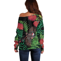 Meri Kirihimete New Zealand Off Shoulder Sweater Piwakawaka Koru Fern Mix Pohutukawa - Polynesian Pride