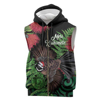 Meri Kirihimete New Zealand Sleeveless Zip Hoodie Piwakawaka Koru Fern Mix Pohutukawa LT14 Black - Polynesian Pride