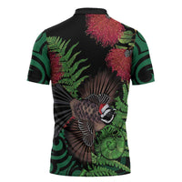 Meri Kirihimete New Zealand Zipper Polo Shirt Piwakawaka Koru Fern Mix Pohutukawa - Polynesian Pride