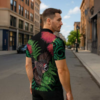 Meri Kirihimete New Zealand Zipper Polo Shirt Piwakawaka Koru Fern Mix Pohutukawa - Polynesian Pride