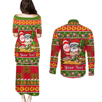 Personalised Hawaii Surfing Santa Christmas Couples Matching Puletasi Dress and Long Sleeve Button Shirt Tropical Pineapple Mele Kalikimaka Quilt Pattern LT14 - Polynesian Pride