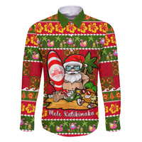 Personalised Hawaii Surfing Santa Christmas Family Matching Off Shoulder Short Dress and Hawaiian Shirt Tropical Pineapple Mele Kalikimaka Quilt Pattern LT14 Dad's Shirt - Long Sleeve Red - Polynesian Pride