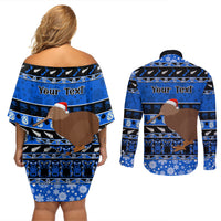Personalised New Zealand Christmas Couples Matching Off Shoulder Short Dress and Long Sleeve Button Shirt Aotearoa Kiwi Meri Kirihimete Blue Version LT14 - Polynesian Pride