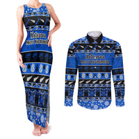Personalised New Zealand Christmas Couples Matching Tank Maxi Dress and Long Sleeve Button Shirt Aotearoa Kiwi Meri Kirihimete Blue Version LT14 Blue - Polynesian Pride