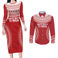 Custom Tonga Mate Maa Couples Matching Long Sleeve Bodycon Dress and Long Sleeve Button Shirt Go Champions Tongan Ngatu - Red