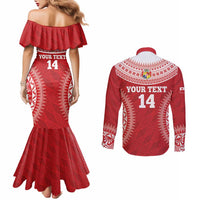 Custom Tonga Mate Maa Couples Matching Mermaid Dress and Long Sleeve Button Shirt Go Champions Tongan Ngatu - Red