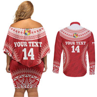 Custom Tonga Mate Maa Couples Matching Off Shoulder Short Dress and Long Sleeve Button Shirt Go Champions Tongan Ngatu - Red