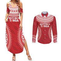 Custom Tonga Mate Maa Couples Matching Summer Maxi Dress and Long Sleeve Button Shirt Go Champions Tongan Ngatu - Red
