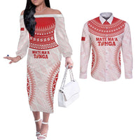 Custom Tonga Mate Maa Couples Matching Off The Shoulder Long Sleeve Dress and Long Sleeve Button Shirt Go Champions Tongan Ngatu - White