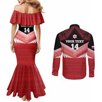 Custom Mate Maa Tonga XIII Couples Matching Mermaid Dress and Long Sleeve Button Shirt Tongan Kupesi Ngatu - Rugby Style