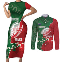 Custom Tonga And Australia Rugby Couples Matching Short Sleeve Bodycon Dress and Long Sleeve Button Shirt Mate Maa Tongan Ngatu Mix Kangaroos Aboriginal