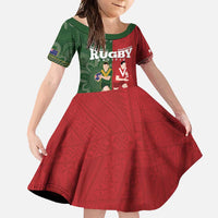 Custom Mate Maa Tonga And Kangaroo Australia Family Matching Summer Maxi Dress and Hawaiian Shirt Tongan Kupesi Mix Aboriginal Art LT14 Daughter's Dress Green - Polynesian Pride