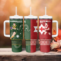 Personalised Mate Maa Tonga And Kangaroo Australia Tumbler With Handle Tongan Kupesi Mix Aboriginal Art