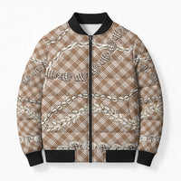 Brown Aloha Hawaii Shell Lei Bomber Puffer Jacket Palaka Hebrew Cone Honey Cowrie Elegant Curves - Polynesian Pride