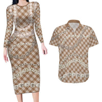 Brown Aloha Hawaii Shell Lei Couples Matching Long Sleeve Bodycon Dress and Hawaiian Shirt Palaka Hebrew Cone Honey Cowrie Elegant Curves - Polynesian Pride