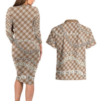 Brown Aloha Hawaii Shell Lei Couples Matching Long Sleeve Bodycon Dress and Hawaiian Shirt Palaka Hebrew Cone Honey Cowrie Elegant Curves - Polynesian Pride