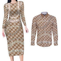 Brown Aloha Hawaii Shell Lei Couples Matching Long Sleeve Bodycon Dress and Long Sleeve Button Shirt Palaka Hebrew Cone Honey Cowrie Elegant Curves LT14 Brown - Polynesian Pride