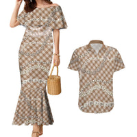 Brown Aloha Hawaii Shell Lei Couples Matching Mermaid Dress and Hawaiian Shirt Palaka Hebrew Cone Honey Cowrie Elegant Curves LT14 Brown - Polynesian Pride