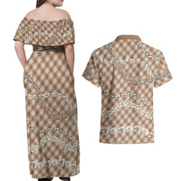 Brown Aloha Hawaii Shell Lei Couples Matching Off Shoulder Maxi Dress and Hawaiian Shirt Palaka Hebrew Cone Honey Cowrie Elegant Curves LT14 - Polynesian Pride