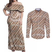 Brown Aloha Hawaii Shell Lei Couples Matching Off Shoulder Maxi Dress and Long Sleeve Button Shirt Palaka Hebrew Cone Honey Cowrie Elegant Curves - Polynesian Pride