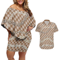 Brown Aloha Hawaii Shell Lei Couples Matching Off Shoulder Short Dress and Hawaiian Shirt Palaka Hebrew Cone Honey Cowrie Elegant Curves LT14 Brown - Polynesian Pride