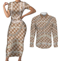 Brown Aloha Hawaii Shell Lei Couples Matching Short Sleeve Bodycon Dress and Long Sleeve Button Shirt Palaka Hebrew Cone Honey Cowrie Elegant Curves LT14 Brown - Polynesian Pride