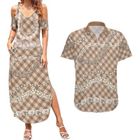 Brown Aloha Hawaii Shell Lei Couples Matching Summer Maxi Dress and Hawaiian Shirt Palaka Hebrew Cone Honey Cowrie Elegant Curves LT14 Brown - Polynesian Pride