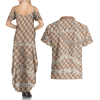 Brown Aloha Hawaii Shell Lei Couples Matching Summer Maxi Dress and Hawaiian Shirt Palaka Hebrew Cone Honey Cowrie Elegant Curves LT14 - Polynesian Pride