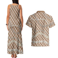 Brown Aloha Hawaii Shell Lei Couples Matching Tank Maxi Dress and Hawaiian Shirt Palaka Hebrew Cone Honey Cowrie Elegant Curves LT14 - Polynesian Pride