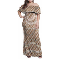 Brown Aloha Hawaii Shell Lei Family Matching Off Shoulder Maxi Dress and Hawaiian Shirt Palaka Hebrew Cone Honey Cowrie Elegant Curves - Polynesian Pride