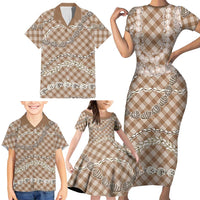 Brown Aloha Hawaii Shell Lei Family Matching Short Sleeve Bodycon Dress and Hawaiian Shirt Palaka Hebrew Cone Honey Cowrie Elegant Curves LT14 - Polynesian Pride