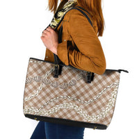 Brown Aloha Hawaii Shell Lei Leather Tote Bag Palaka Hebrew Cone Honey Cowrie Elegant Curves - Polynesian Pride