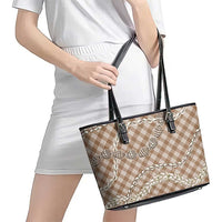 Brown Aloha Hawaii Shell Lei Leather Tote Bag Palaka Hebrew Cone Honey Cowrie Elegant Curves - Polynesian Pride