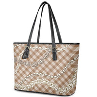 Brown Aloha Hawaii Shell Lei Leather Tote Bag Palaka Hebrew Cone Honey Cowrie Elegant Curves - Polynesian Pride