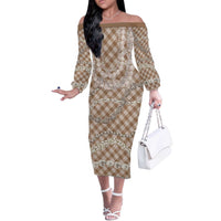 Brown Aloha Hawaii Shell Lei Off The Shoulder Long Sleeve Dress Palaka Hebrew Cone Honey Cowrie Elegant Curves LT14 Women Brown - Polynesian Pride