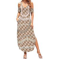 Brown Aloha Hawaii Shell Lei Summer Maxi Dress Palaka Hebrew Cone Honey Cowrie Elegant Curves - Polynesian Pride