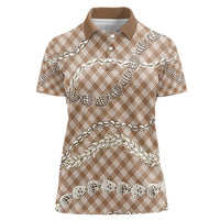 Brown Aloha Hawaii Shell Lei Women Polo Shirt Palaka Hebrew Cone Honey Cowrie Elegant Curves - Polynesian Pride