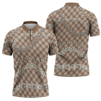 Brown Aloha Hawaii Shell Lei Zipper Polo Shirt Palaka Hebrew Cone Honey Cowrie Elegant Curves - Polynesian Pride