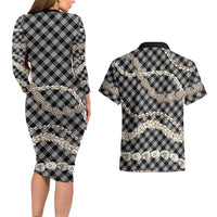 Black Aloha Hawaii Shell Lei Couples Matching Long Sleeve Bodycon Dress and Hawaiian Shirt Palaka Hebrew Cone Honey Cowrie Elegant Curves - Polynesian Pride