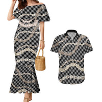Black Aloha Hawaii Shell Lei Couples Matching Mermaid Dress and Hawaiian Shirt Palaka Hebrew Cone Honey Cowrie Elegant Curves LT14 Black - Polynesian Pride