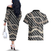 Black Aloha Hawaii Shell Lei Couples Matching Off The Shoulder Long Sleeve Dress and Hawaiian Shirt Palaka Hebrew Cone Honey Cowrie Elegant Curves - Polynesian Pride