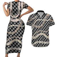 Black Aloha Hawaii Shell Lei Couples Matching Short Sleeve Bodycon Dress and Hawaiian Shirt Palaka Hebrew Cone Honey Cowrie Elegant Curves - Polynesian Pride
