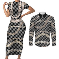 Black Aloha Hawaii Shell Lei Couples Matching Short Sleeve Bodycon Dress and Long Sleeve Button Shirt Palaka Hebrew Cone Honey Cowrie Elegant Curves LT14 Black - Polynesian Pride
