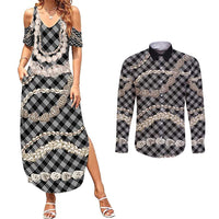 Black Aloha Hawaii Shell Lei Couples Matching Summer Maxi Dress and Long Sleeve Button Shirt Palaka Hebrew Cone Honey Cowrie Elegant Curves LT14 Black - Polynesian Pride
