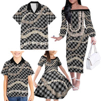 Black Aloha Hawaii Shell Lei Family Matching Off The Shoulder Long Sleeve Dress and Hawaiian Shirt Palaka Hebrew Cone Honey Cowrie Elegant Curves LT14 - Polynesian Pride