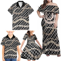 Black Aloha Hawaii Shell Lei Family Matching Off Shoulder Maxi Dress and Hawaiian Shirt Palaka Hebrew Cone Honey Cowrie Elegant Curves - Polynesian Pride