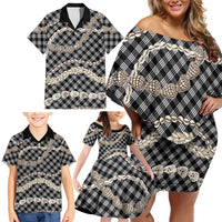Black Aloha Hawaii Shell Lei Family Matching Off Shoulder Short Dress and Hawaiian Shirt Palaka Hebrew Cone Honey Cowrie Elegant Curves - Polynesian Pride