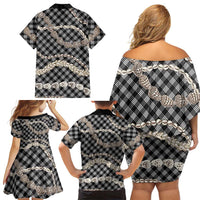 Black Aloha Hawaii Shell Lei Family Matching Off Shoulder Short Dress and Hawaiian Shirt Palaka Hebrew Cone Honey Cowrie Elegant Curves - Polynesian Pride