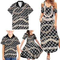 Black Aloha Hawaii Shell Lei Family Matching Summer Maxi Dress and Hawaiian Shirt Palaka Hebrew Cone Honey Cowrie Elegant Curves - Polynesian Pride